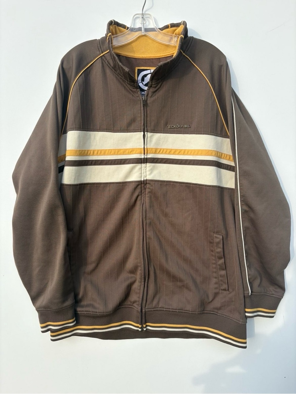 Y2K Ecko Unlimited Men's Brown Track Jacket with Cream & Gold Stripe